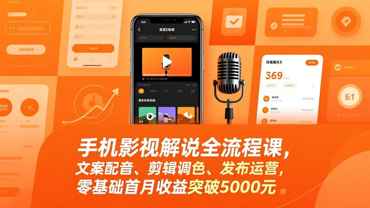 手机影视解说全流程课,文案配音、剪辑调色、发布运营,零基础首月收益突破5000元-巅峰创业网