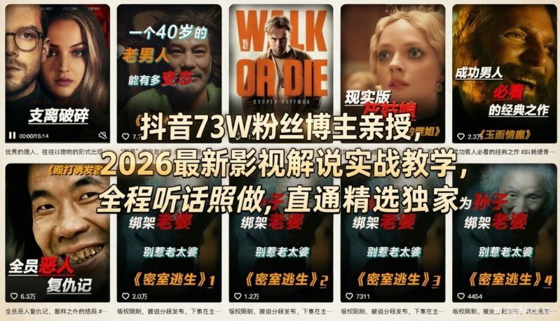 抖音73W粉丝博主亲授,2026最新影视解说实战教学,全程听话照做,直通精选独家-巅峰研习社