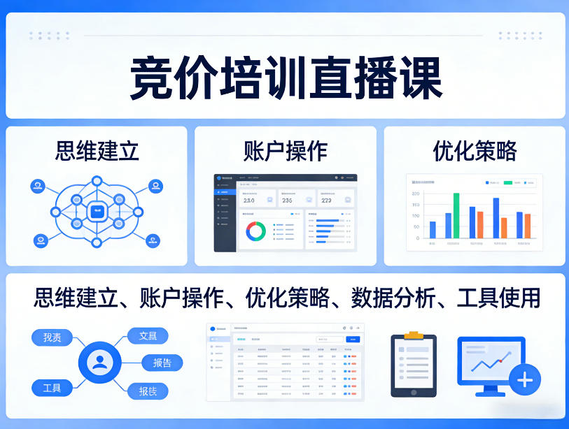 竞价培训直播课,覆盖思维建立、账户操作、优化策略、数据分析、工具使用等,全方位提升效果-巅峰研习社
