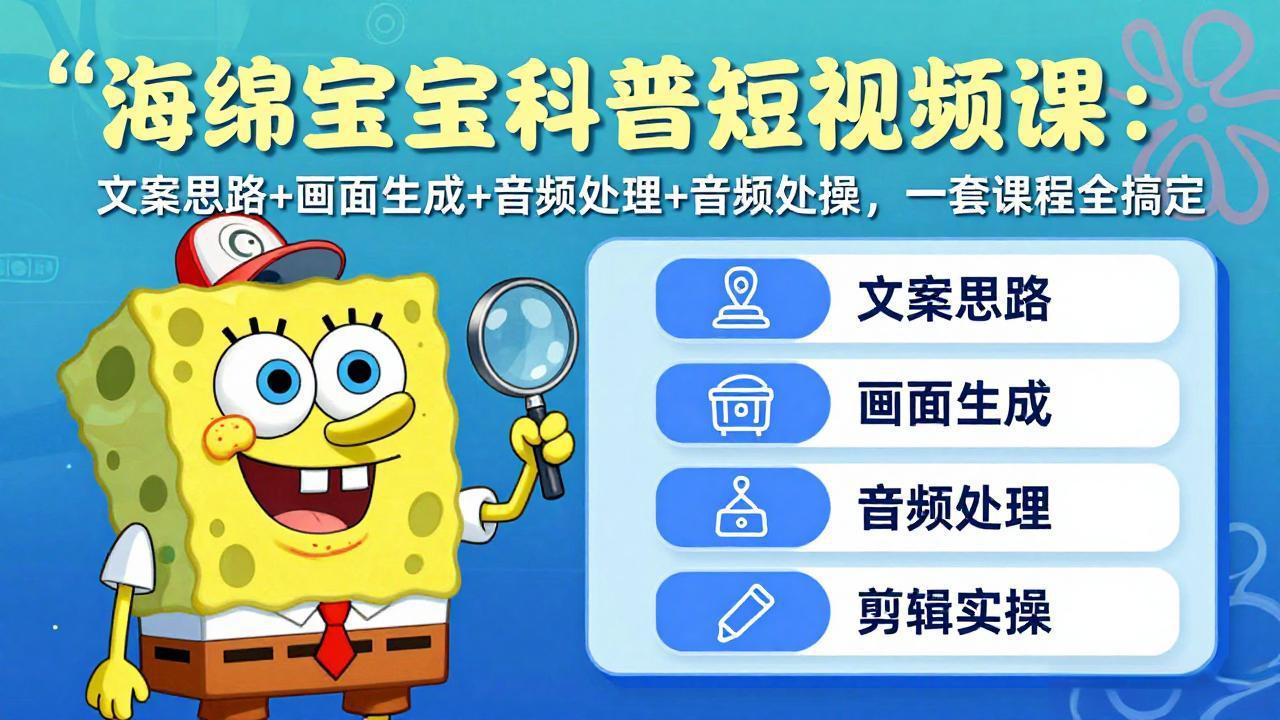 海绵宝宝科普短视频课:文案思路+画面生成+音频处理+剪辑实操,一套课程全搞定-巅峰研习社