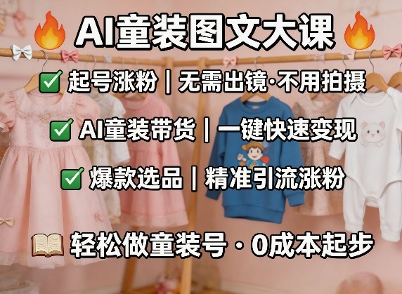 AI童装图文剪辑，某社群童装图文大课，起号涨粉、AI童装带货、爆款选品，无需出镜和拍摄-巅峰研习社