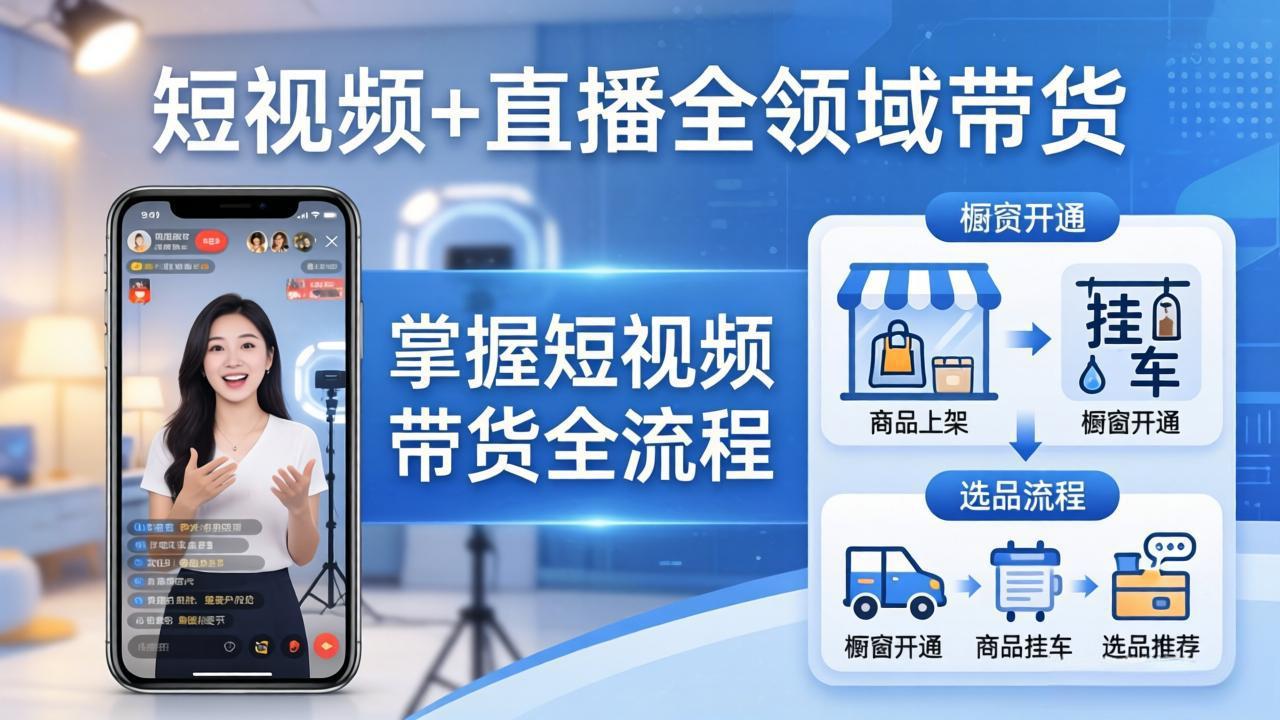 短视频+直播全领域带货：掌握橱窗开通、挂车、选品、爆款文案改编等短视频带货全流程-巅峰研习社