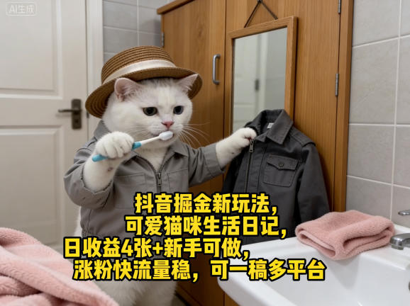 抖音掘金新玩法,可爱猫咪生活日记,日收益4张+新手可做,涨粉快流量稳,可一稿多平台-巅峰研习社