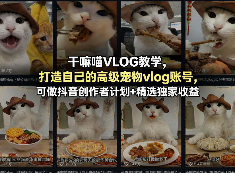 干嘛喵VLOG教学，打造自己的高级宠物vlog账号，可做抖音创作者计划+精选独家收益-巅峰研习社