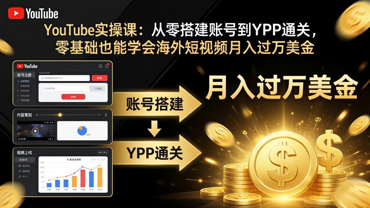 YouTube实操课：从零搭建账号到YPP通关，零基础也能学会海外短视频月入过万美金-巅峰研习社