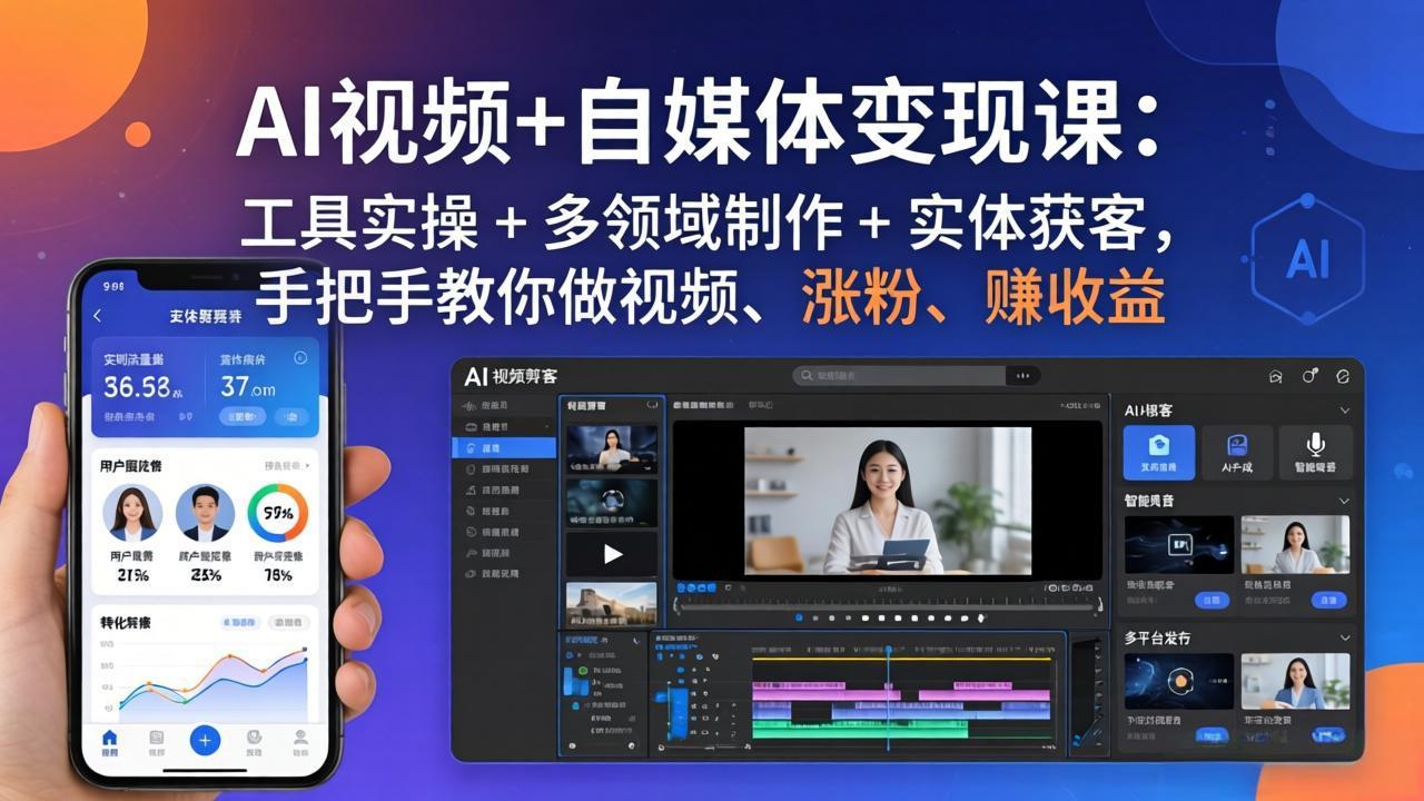 AI视频+自媒体变现课：工具实操 + 多领域制作 + 实体获客，手把手教你做视频、涨粉、赚收益-巅峰研习社