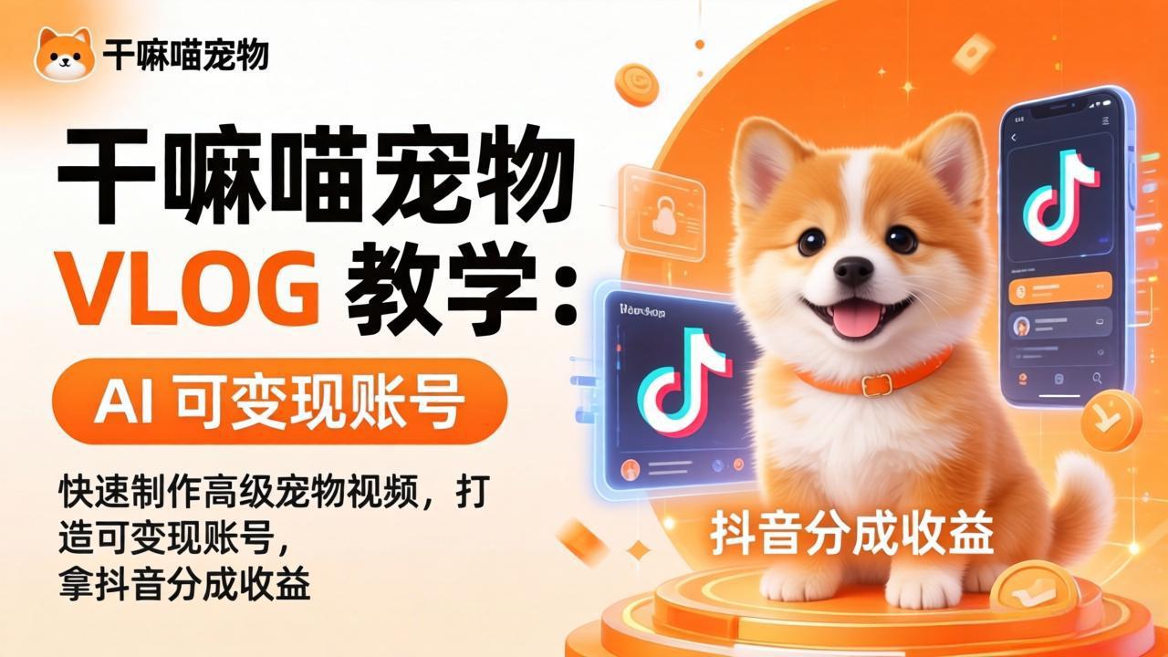 干嘛喵宠物 VLOG 教学：AI 快速制作高级宠物视频，打造可变现账号，拿抖音分成收益-巅峰研习社