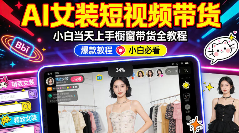 AI女装短视频橱窗带货：小白零门槛当天上手，高佣金爆款轻松賺！-巅峰研习社