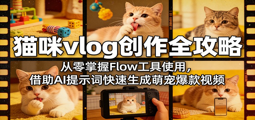 猫咪vlog创作全攻略：从零掌握Flow工具使用，借助AI提示词快速生成萌宠爆款视频-巅峰研习社