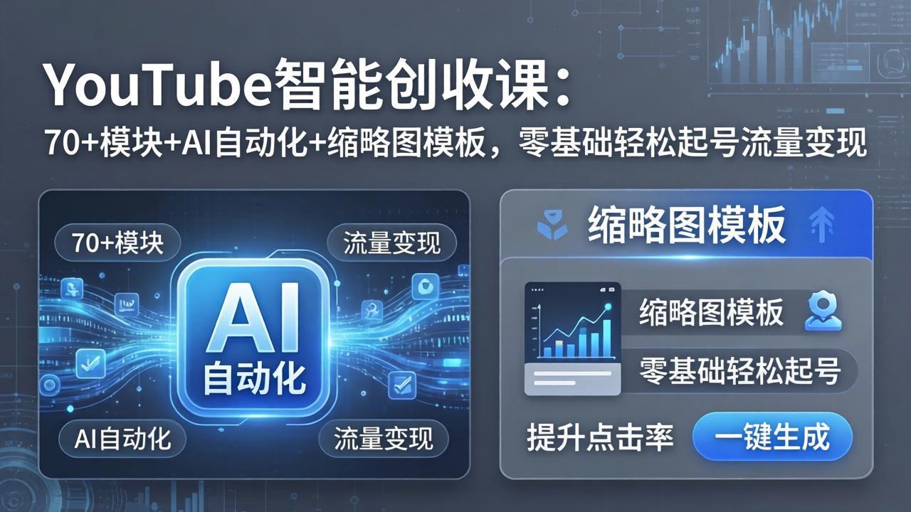 YouTube智能创收课：70+模块+AI自动化+缩略图模板，零基础轻松起号流量变现-巅峰研习社