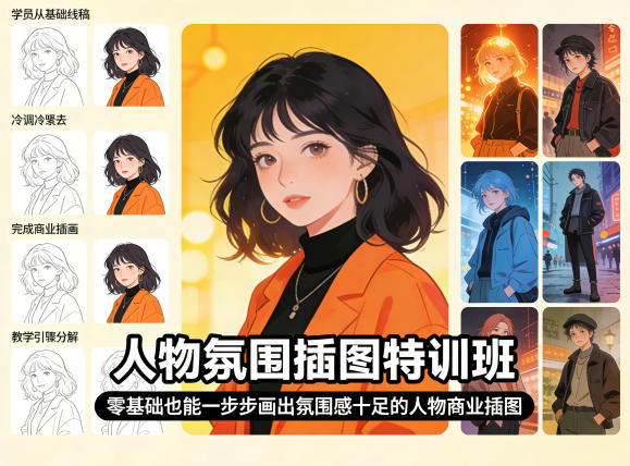 人物氛围插图特训班，零基础也能一步步画出氛围感十足的人物商业插图-巅峰研习社