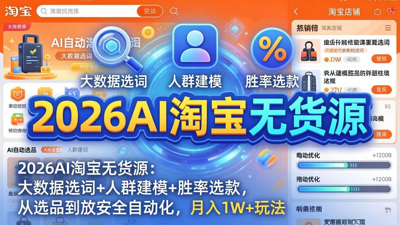 2026AI淘宝无货源-4月更新：大数据选词+人群建模+胜率选款，从选品到放大全自动化，月入1W+玩法-巅峰研习社