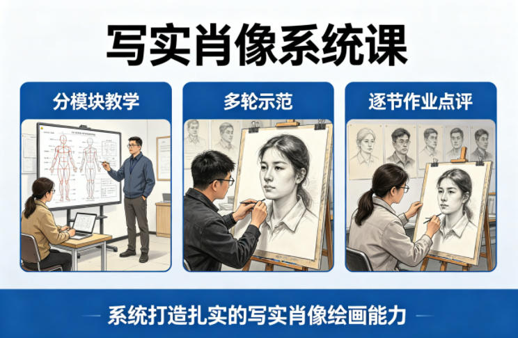 写实肖像系统课，全程分模块教学+多轮示范+逐节作业点评，系统打造扎实的写实肖像绘画能力-巅峰研习社