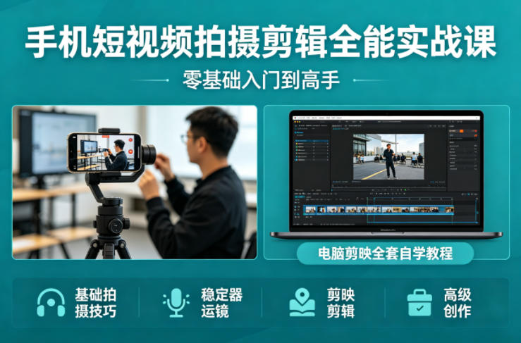 手机短视频拍摄剪辑全能实战课：零基础入门到高手，稳定器运镜+电脑剪映全套自学教程-巅峰研习社