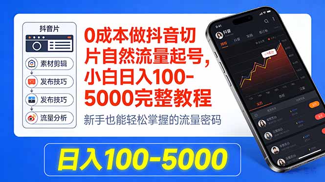 0成本做抖音切片自然流量起号，小白日入100-5000完整教程-巅峰研习社