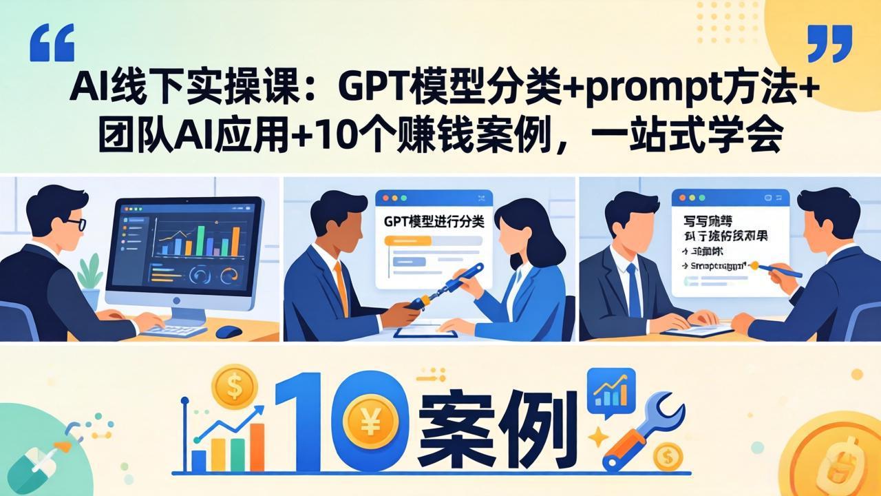 AI线下实操课:GPT模型分类+prompt方法+团队AI应用+10个赚钱案例,一站式学会-巅峰研习社