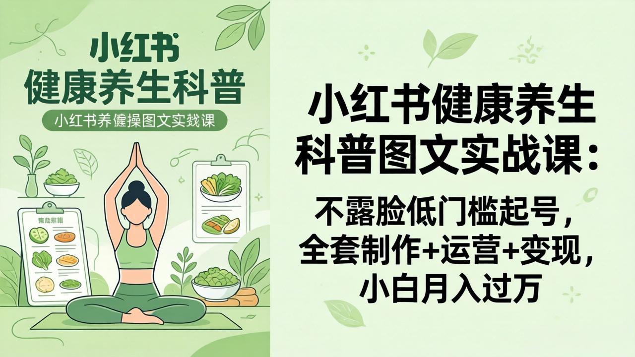 2026小红书健康养生科普图文实战课：不露脸低门槛起号，全套制作+运营+变现，小白月入过万-巅峰研习社