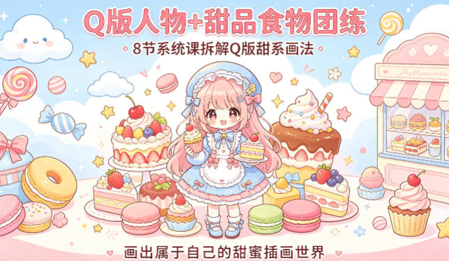 Q版人物+甜品食物团练，8节系统课拆解Q版甜系画法，画出属于自己的甜蜜插画世界-巅峰研习社