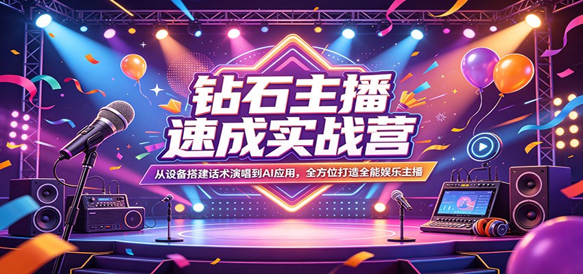 钻石主播速成实战营：从设备搭建话术演唱到AI应用，全方位打造全能娱乐主播-巅峰研习社