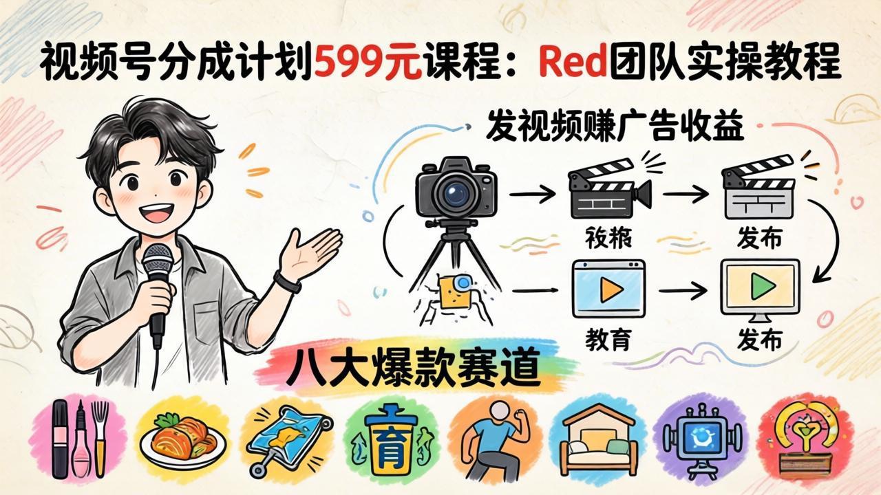 视频号分成计划599元课程：Red团队实操教程，发视频赚广告收益，八大爆款赛道全掌握-巅峰研习社