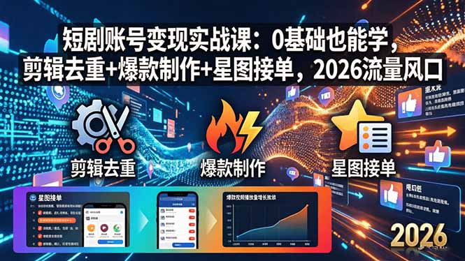 短剧账号变现实战课：0基础也能学，剪辑去重+爆款制作+星图接单，2026流量风口-巅峰研习社