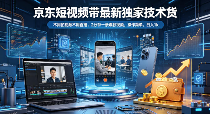 京东短视频带货最新独家技术，不用拍视频不用直播，2分钟一条爆款视频，操作简单，日入1k+【揭秘】-巅峰研习社