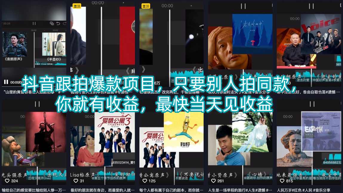 抖音跟拍爆款项目，只要别人拍同款，你就有收益，最快当天见收益-巅峰研习社