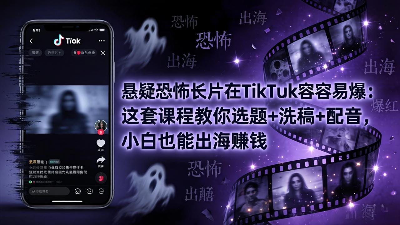 悬疑恐怖长片在TikTok最容易爆：这套课程教你选题+洗稿+配音，小白也能出海赚钱-巅峰研习社