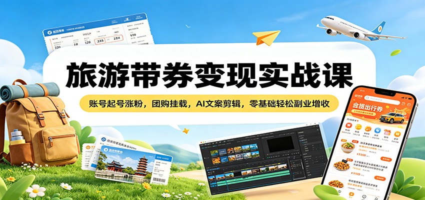 旅游带券变现实战课：账号起号涨粉，团购挂载，AI文案剪辑，零基础轻松副业增收-巅峰研习社
