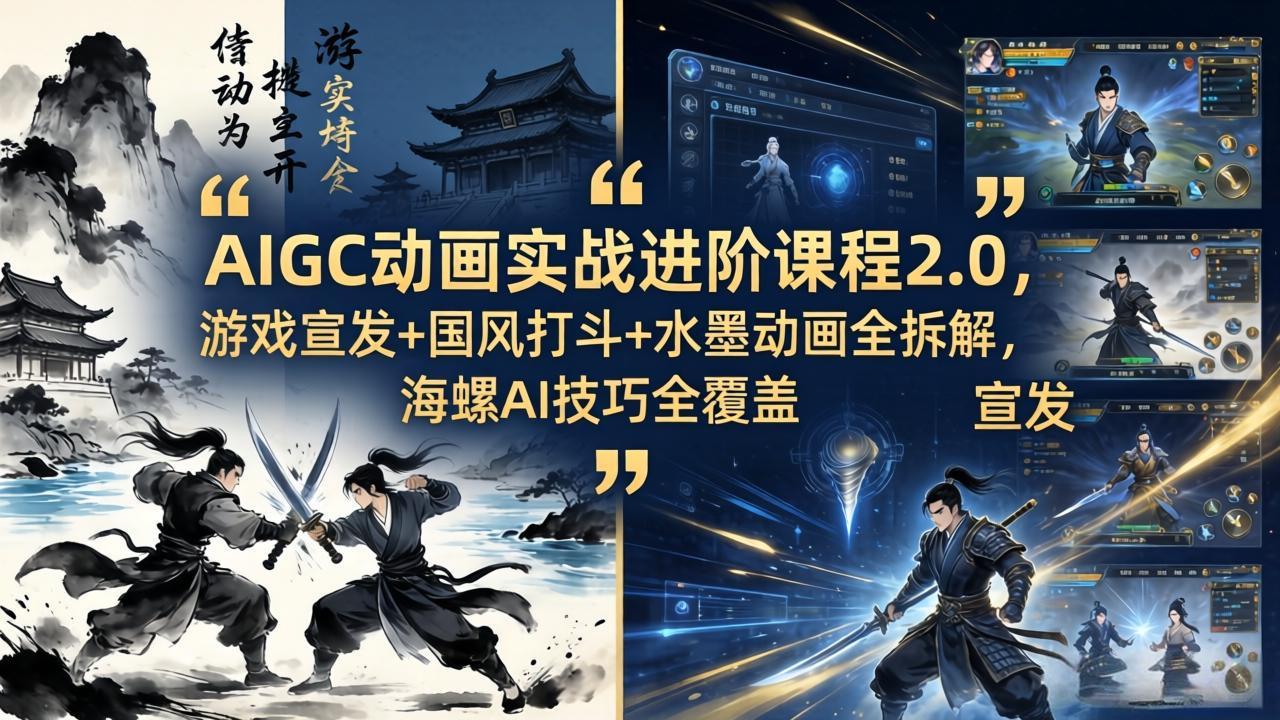 AIGC动画实战进阶课程2.0，游戏宣发+国风打斗+水墨动画全拆解，海螺AI技巧全覆盖-巅峰研习社