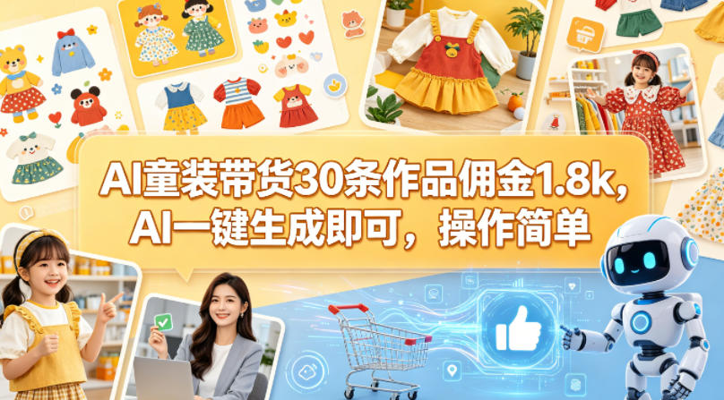 AI童装带货30条作品佣金1.8k，AI一键生成即可，操作简单-巅峰研习社