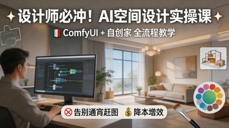设计师必冲！AI空间设计实操课，ComfyUI+自创家全教学，告别通宵赶图，降本增效-巅峰研习社