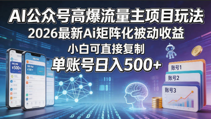 AI公众号高爆流量主项目玩法，2026最新Ai矩阵化被动收益，小白可直接复制，单账号日入500+-巅峰研习社