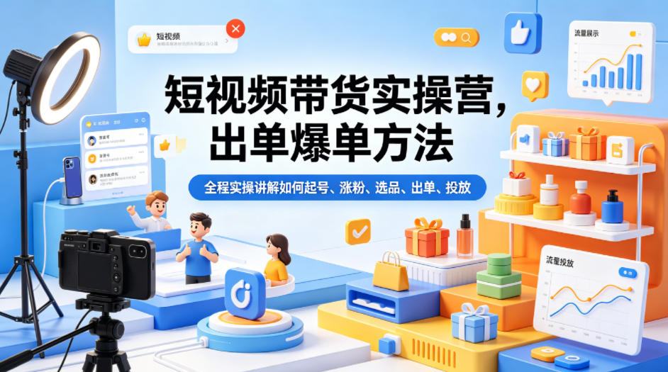 短视频带货实操营，出单爆单方法，全程实操讲解如何起号、涨粉、选品、出单、投放-巅峰研习社