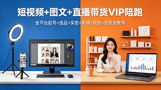 短视频+图文+直播带货VIP陪跑，全平台起号+选品+实拍+剪辑+投放+变现全教学-巅峰研习社