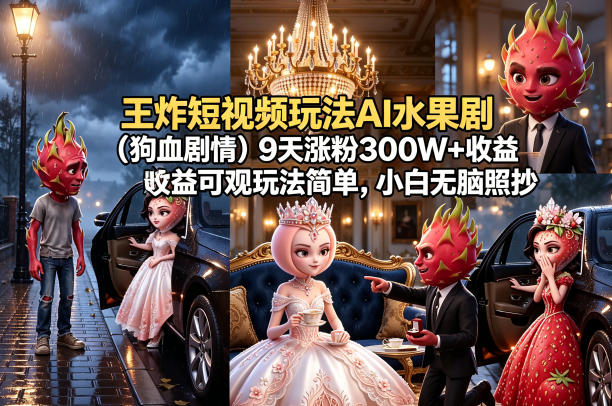 王炸短视频玩法AI水果剧(狗血剧情)9天涨粉300W+收益可观玩法简单，小白无脑照抄，详细拆解玩法-巅峰研习社