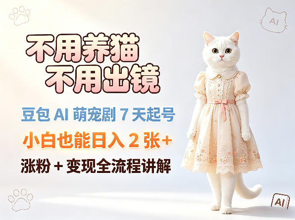 不用养猫不用出镜，豆包AI萌宠剧7天起号，小白也能日入2张+，涨粉+变现全流程讲解-巅峰研习社
