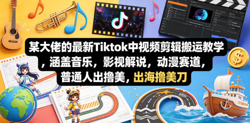 某大佬的最新Tiktok中视频剪辑搬运教学，涵盖音乐，影视解说，动漫赛道，普通人出海撸美刀-巅峰研习社