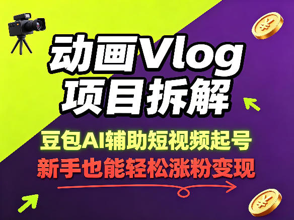 动画Vlog项目拆解，豆包AI辅助短视频起号，新手也能轻松涨粉，43条作品涨粉8.3W-巅峰研习社