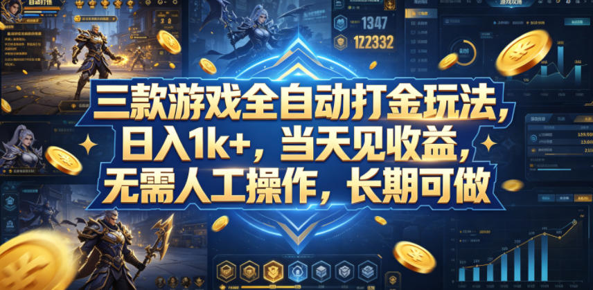 三款游戏全自动打金玩法，日入1k+，当天见收益，无需人工操作，长期可做【揭秘】-巅峰研习社