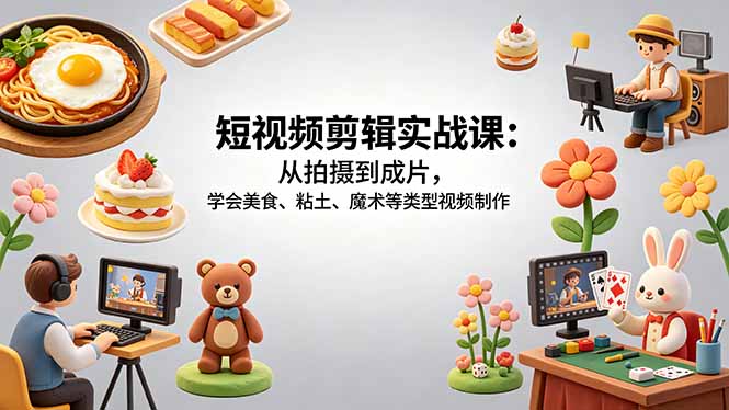 短视频剪辑实战课：从拍摄到成片，学会美食、粘土、魔术等类型视频制作-巅峰研习社