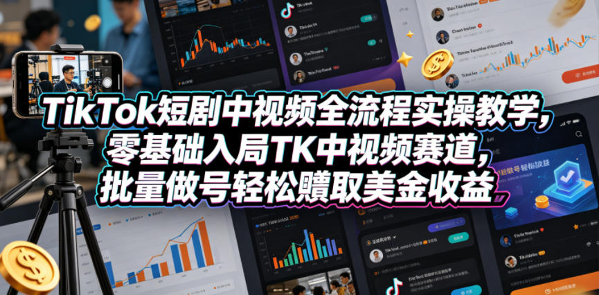 TikTok短剧中视频全流程实操教学，零基础入局TK中视频赛道，批量做号轻松賺取美金收益-巅峰研习社
