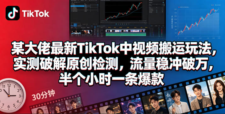 某大佬最新TikTok中视频搬运玩法，实测破解原创检测，流量稳冲破万，半个小时一条爆款-巅峰研习社