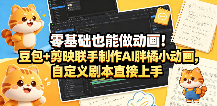 零基础也能做动画!豆包+剪映联手制作AI胖橘小动画,自定义剧本直接上手-巅峰研习社