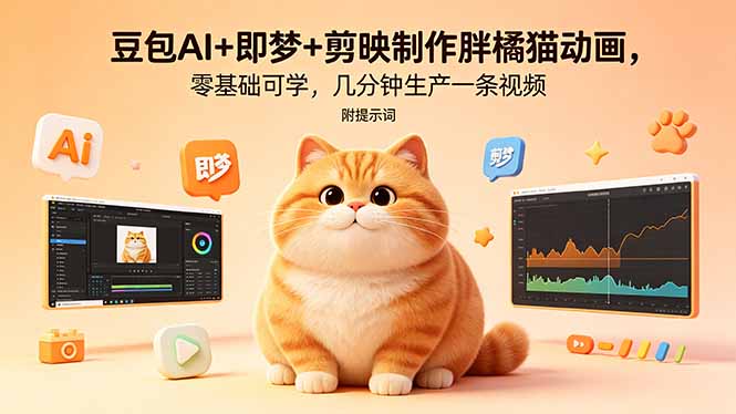 豆包AI+即梦+剪映制作胖橘猫动画，零基础可学，几分钟生产一条视频，附提示词-巅峰研习社