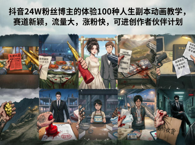 抖音24W粉丝博主的体验100种人生副本动画教学，赛道新颖，流量大，涨粉快，可进创作者伙伴计划-巅峰研习社