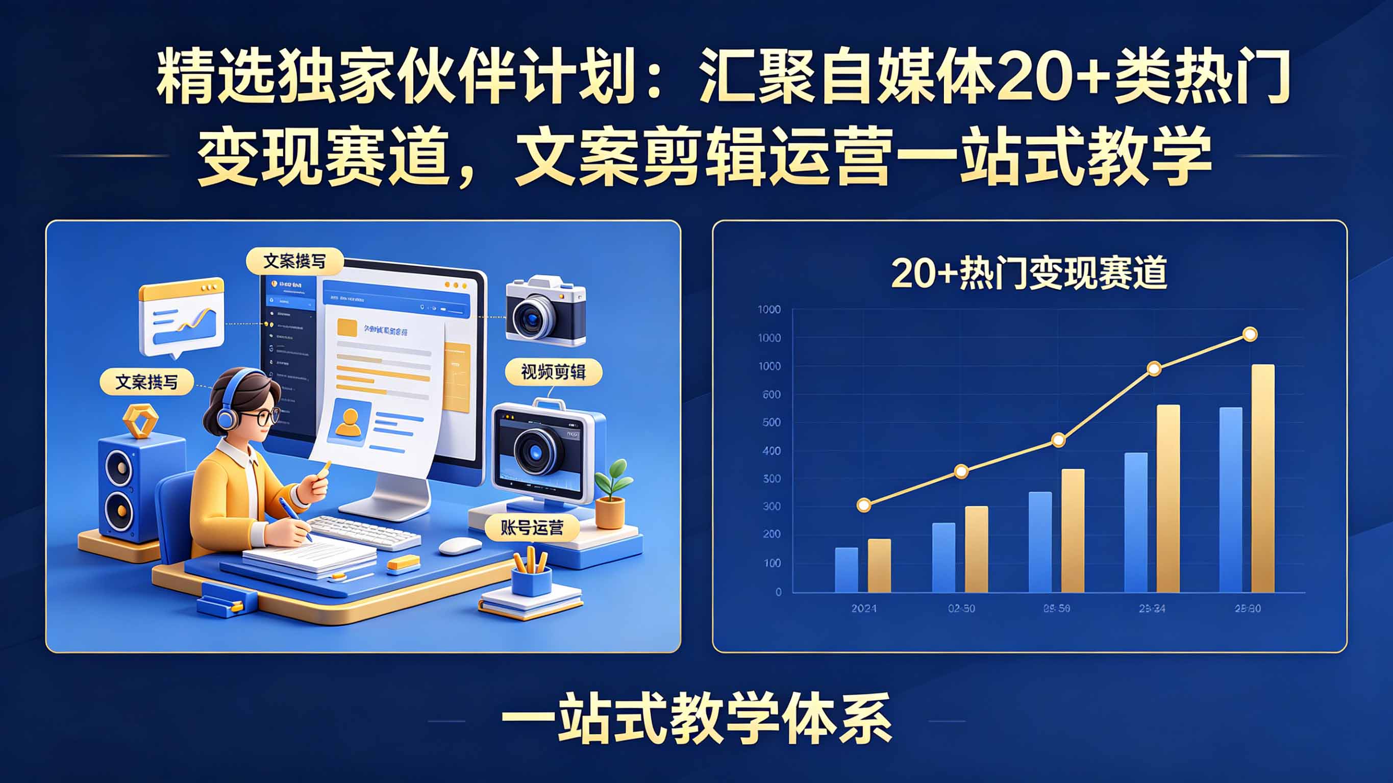 精选独家伙伴计划：汇聚自媒体20+类热门变现赛道，文案剪辑运营一站式教学-巅峰研习社
