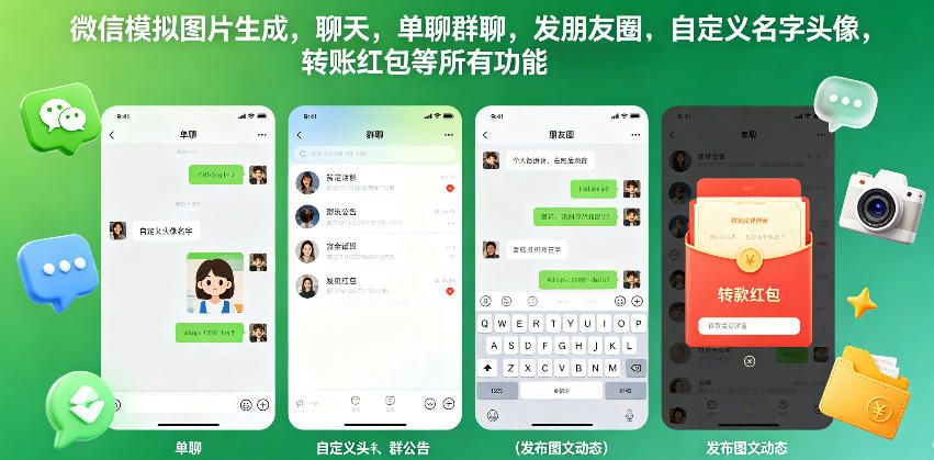 微信模拟图片生成，聊天，单聊群聊，发朋友圈，自定义名字头像，转账红包等所有功能都可以生成-巅峰研习社