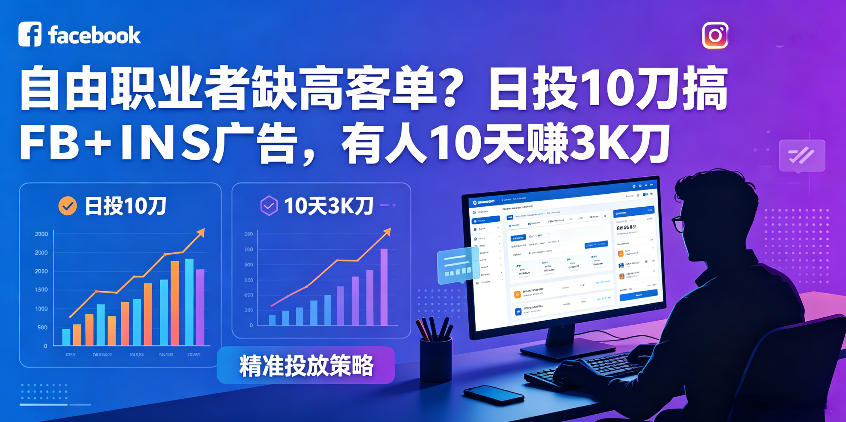 自由职业者缺高客单？日投10刀搞FB+INS广告，有人10天赚3K刀！【原创双语字幕】-巅峰研习社
