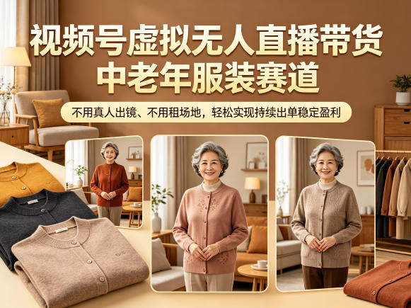 视频号虚拟无人直播带货中老年服装赛道,不用真人出镜、不用租场地,轻松实现持续出单稳定盈利-巅峰研习社